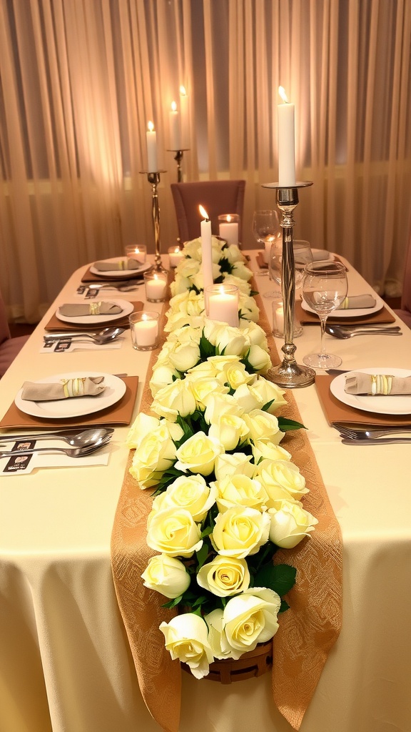 An elegant dinner table setup with white roses, stylish dinnerware, and warm candlelight.